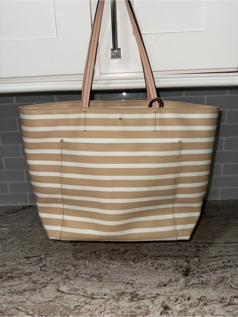 kate spade Beige and White Striped Tote with Pinkish-Tan Handles